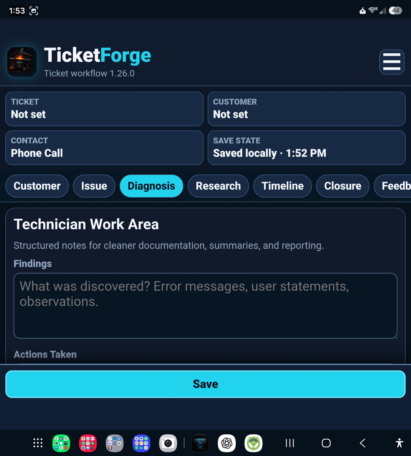 TicketForge technician diagnosis workspace